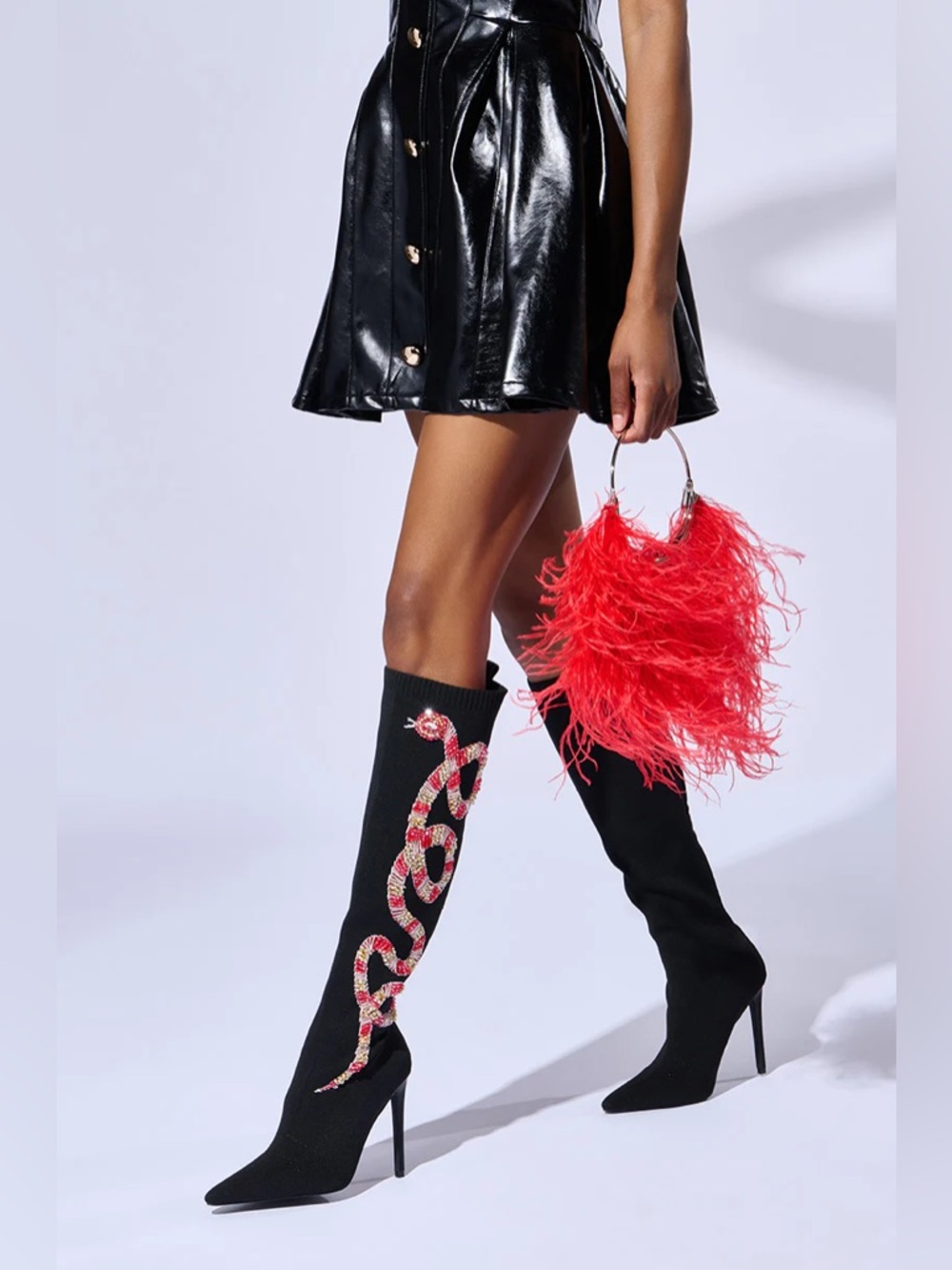 Black Over-the-Knee Stiletto Boot with Red Beaded Snake Detail - Picture 3 of 6